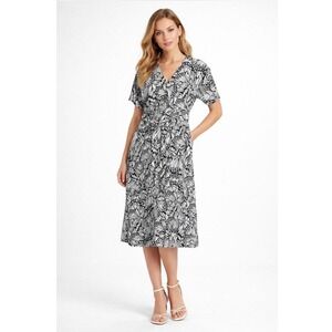 Chico's Size-4 Midi Dress Black & White Butterfly Wing Print Faux Wrap